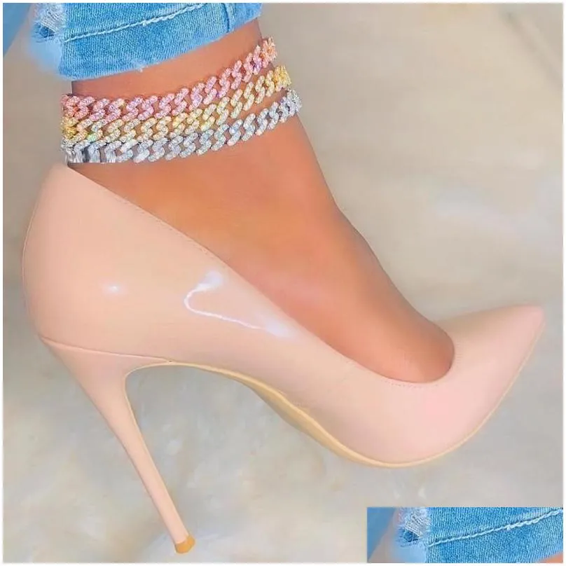 Anklets HipHop 9MM Iced Out Bling CZ  Cuban Link Chain Anklet Rose Gold Pink Stone Silver Color Women Fashion JewelryAnklets