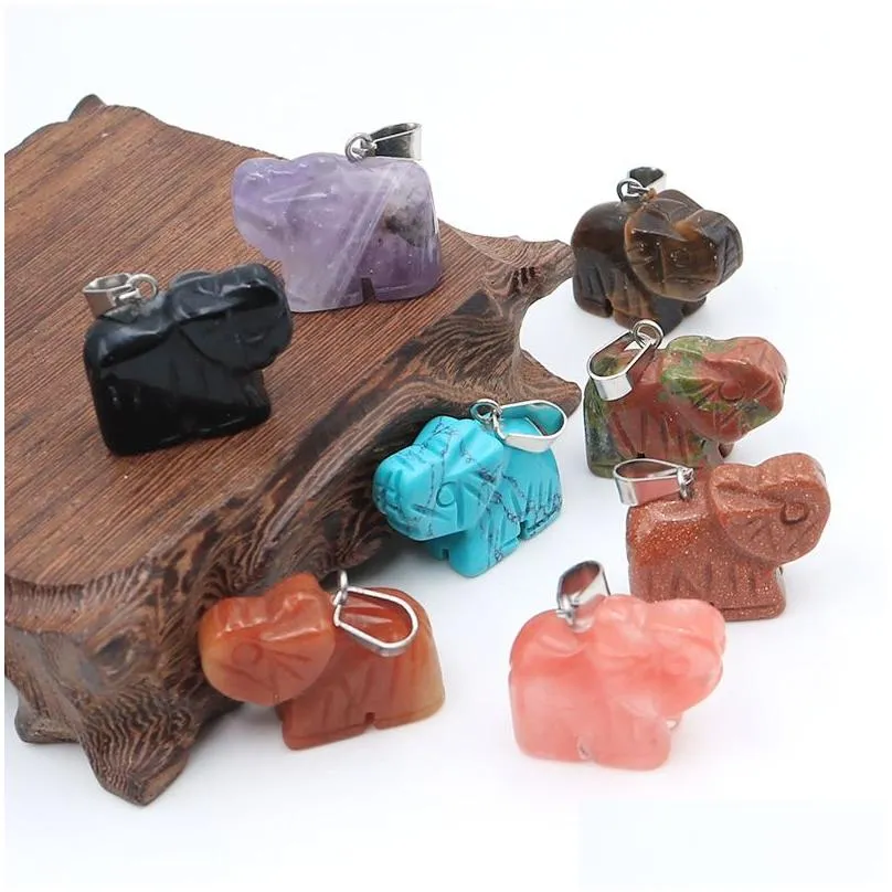 fashion mixed natural stone pendants carved elephant mini gems charms jewelry making wholesale