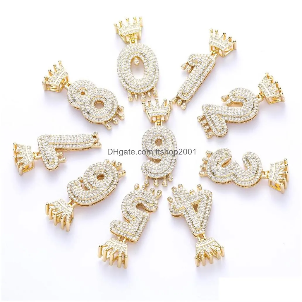 Pendant Necklaces 18K Gold Arabic Numerals Zircon Crown Hip Hop Necklace 60Cm Chain Jewelry Set Iced Out Diamond Number Pendant Neckla Dhgi9