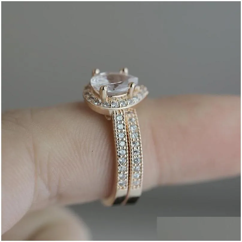 Band Rings Fashion Rose Gold Plated New Design 2Pcs Cz Women Engagement Wedding Ring Set Drop Delivery Jewelry Ring Dhkjg