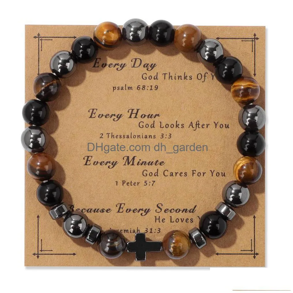 Beaded Natural Stone Tiger Eye Beads Hematite Cross Bracelet Mes Card Kraft Paper Jewelry Nce Reiki Buddha Prayer Yoga For D Dhgarden Dh7Pf