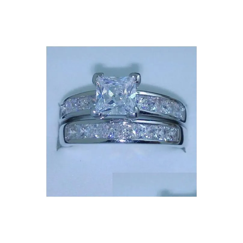 luxury size 5/6/7/8/9/10 jewelry 10kt white gold filled topaz princess cut simulated diamond wedding ring set gift with box