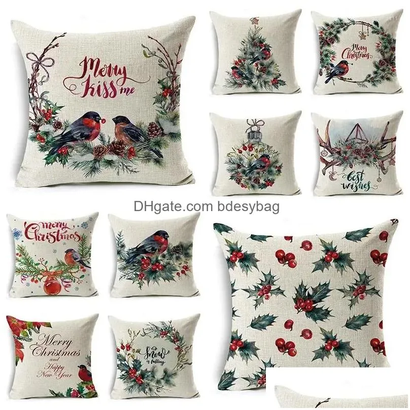 Cushion/Decorative Pillow Pillow 45 45Cm Merry Christmas Er Birds Garland Pillowcase Single Sided Print Polyester Sofa Case For Home X Dhoin