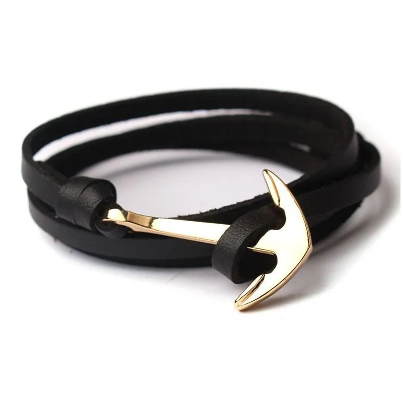 Charm Bracelets Handmade Genuine Leather Wrap Bracelet Gold Sier Black Anchor Cuff Bracelets Fashio Jewelry Drop Delivery Jewelry Brac Dhk5I