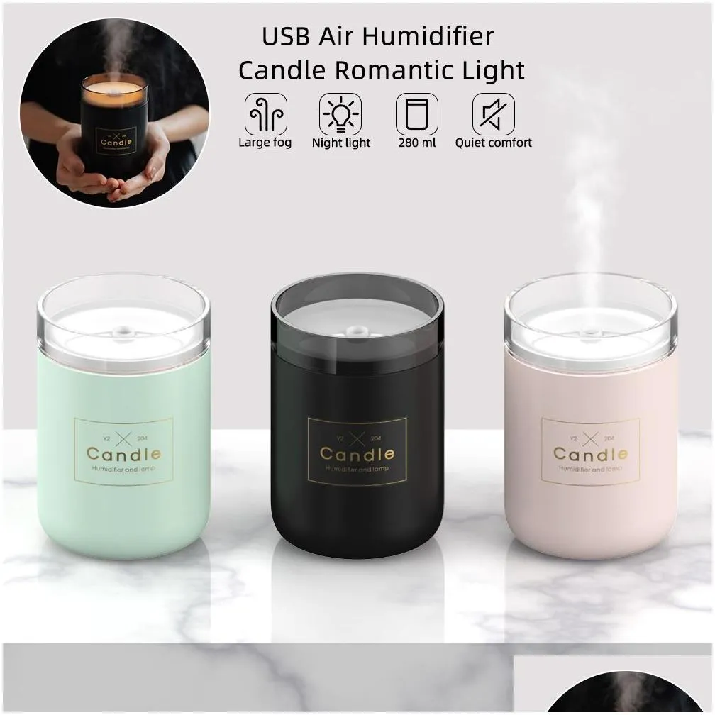 Drop Ship Epack Candle Air Humidifier Romantic Ultrasonic Soft Light USB Essential Oil Diffuser Car Purifier Aroma Anion Mist Maker