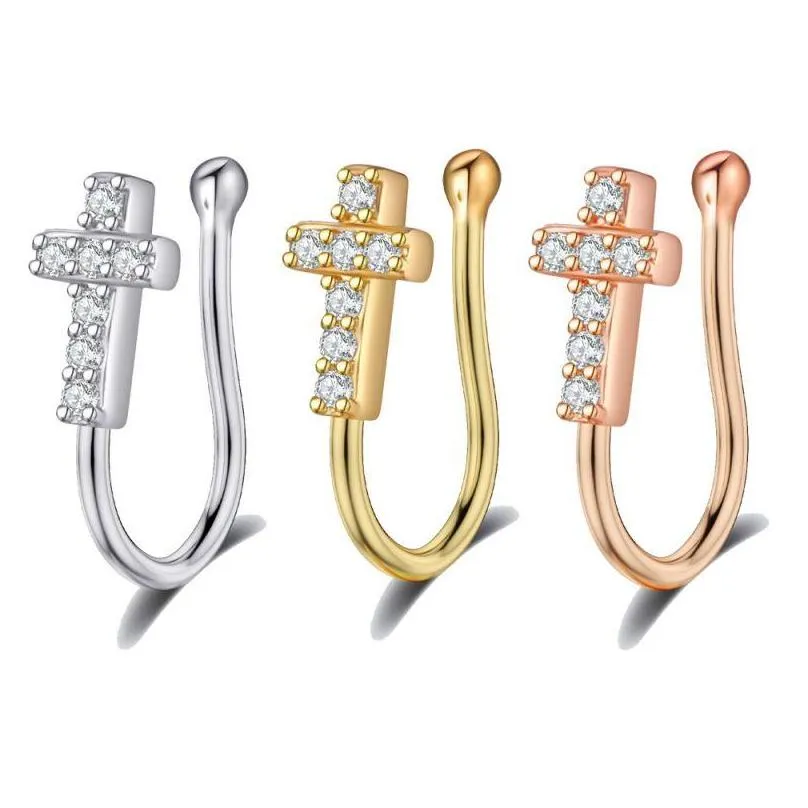 Nose Rings & Studs Zircon Heart Cross Septum Nose Rings For Women Girls Faux Clip Ring Non-Pierced Body Jewelry Drop Delivery Jewelry Dh9Ts