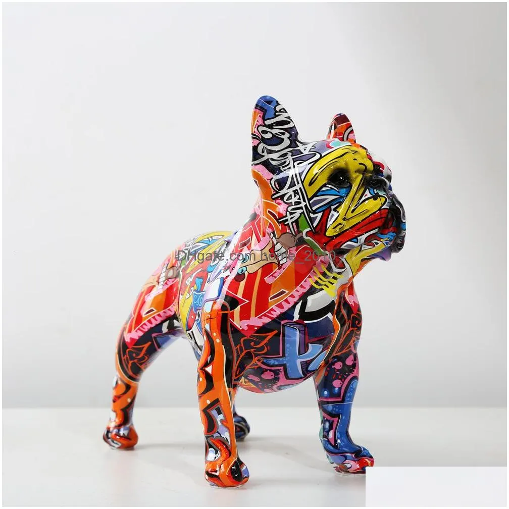 decorative objects figurines creativity modern colorful french bulldog statue wholesale graffiti office ornaments printing resin dog home decor crafts