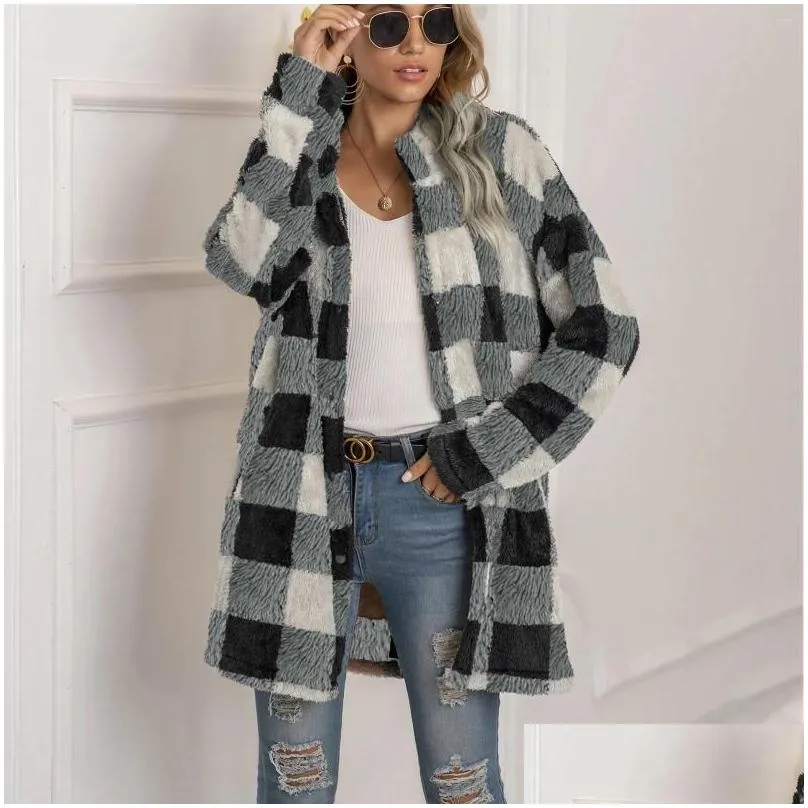 Women`S Jackets Womens Jackets Women Autumn Winter Plush Plaid Lapel Long Coat Sleeve Button Thicken Warm Korean Fashion Jacket Drop D Otoey