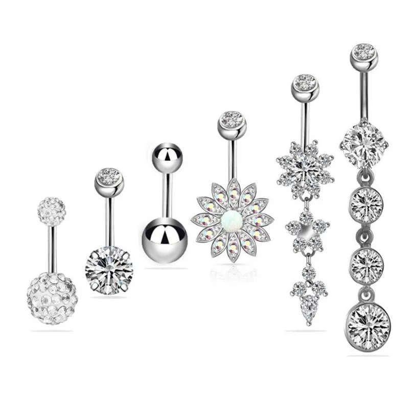 Navel & Bell Button Rings Crystal Zircon Bell Button Rings 316L Surgical Steel Barbell Navel Ring Body Piercing Jewelry Sets Drop Deli Dha3H