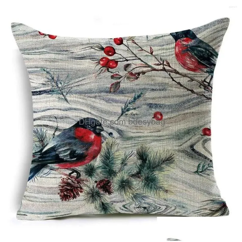 Cushion/Decorative Pillow Pillow 45 45Cm Merry Christmas Er Birds Garland Pillowcase Single Sided Print Polyester Sofa Case For Home X Dhoin