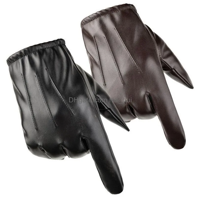 five fingers gloves winter pu leather cashmere hand women men warm driving mittens touch screen waterproof full finger ski