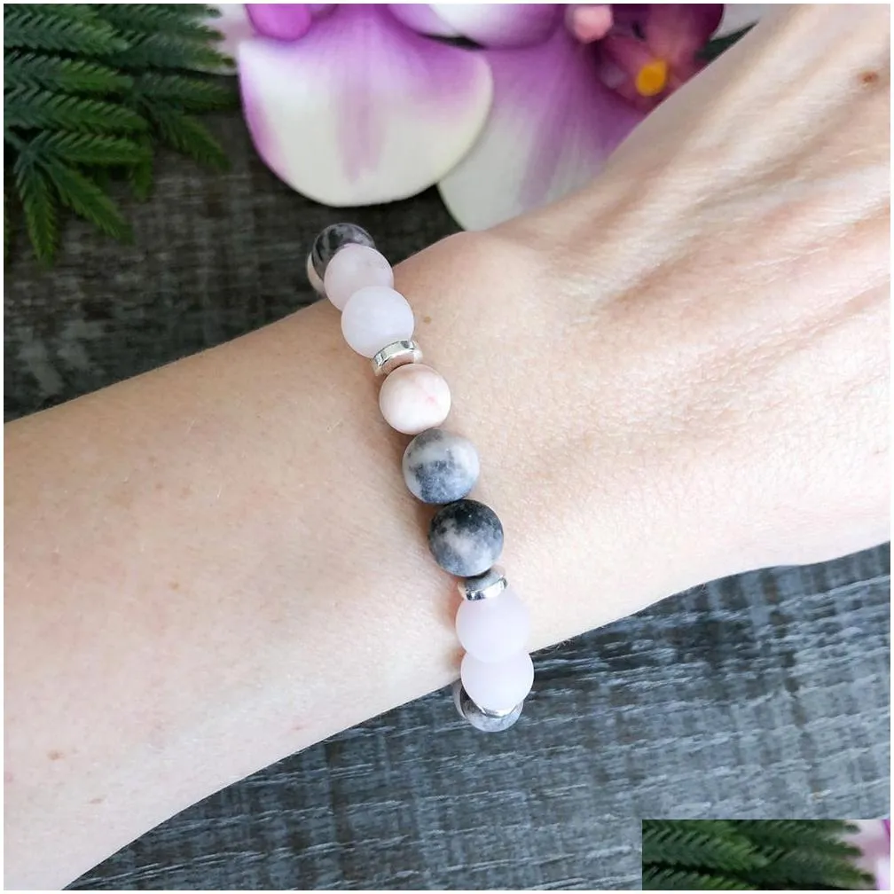 mg1517 strand matte rose quartz gemstone bracelet pink zebra jasper beaded bracelets heart chakra healing crystals mala jewelry