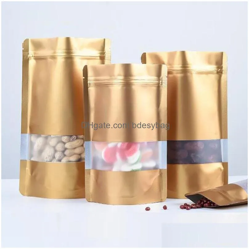 9 size golden stand up aluminium foil bag with clear window plastic pouch zipper reclosable food storage packaging bag lx2687