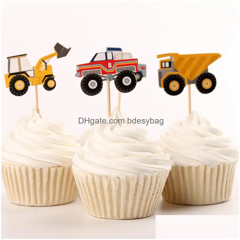 24pcs/set different car theme party supplies cartoon car cupcake toppers pick kid birthday party decorations wa1365