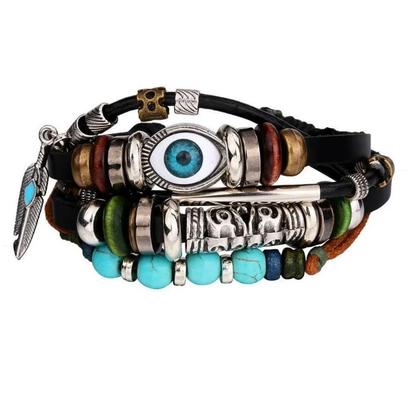 Charm Bracelets Evil Eye Charm Bracelets Mtilayer Leather Turquoise Beads Bracelet Beaded For Men Punk Jewelry Drop Delivery Jewelry B Dhxro