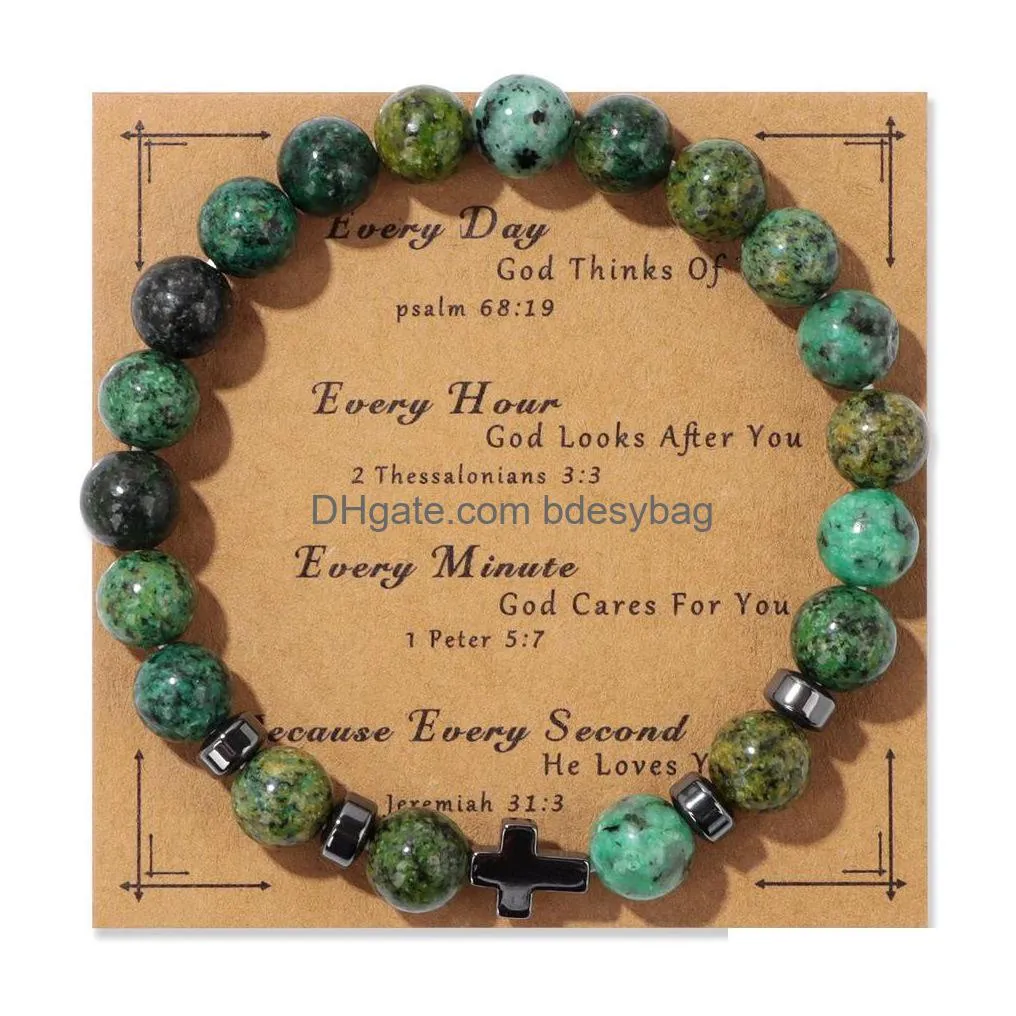 Beaded Natural Stone Tiger Eye Beads Hematite Cross Bracelet Mes Card Kraft Paper Jewelry Nce Reiki Buddha Prayer Yoga For Drop Delive Dhwkz