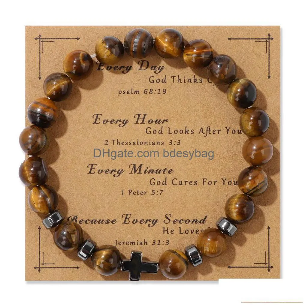 Beaded Natural Stone Tiger Eye Beads Hematite Cross Bracelet Mes Card Kraft Paper Jewelry Nce Reiki Buddha Prayer Yoga For Drop Delive Dhwkz