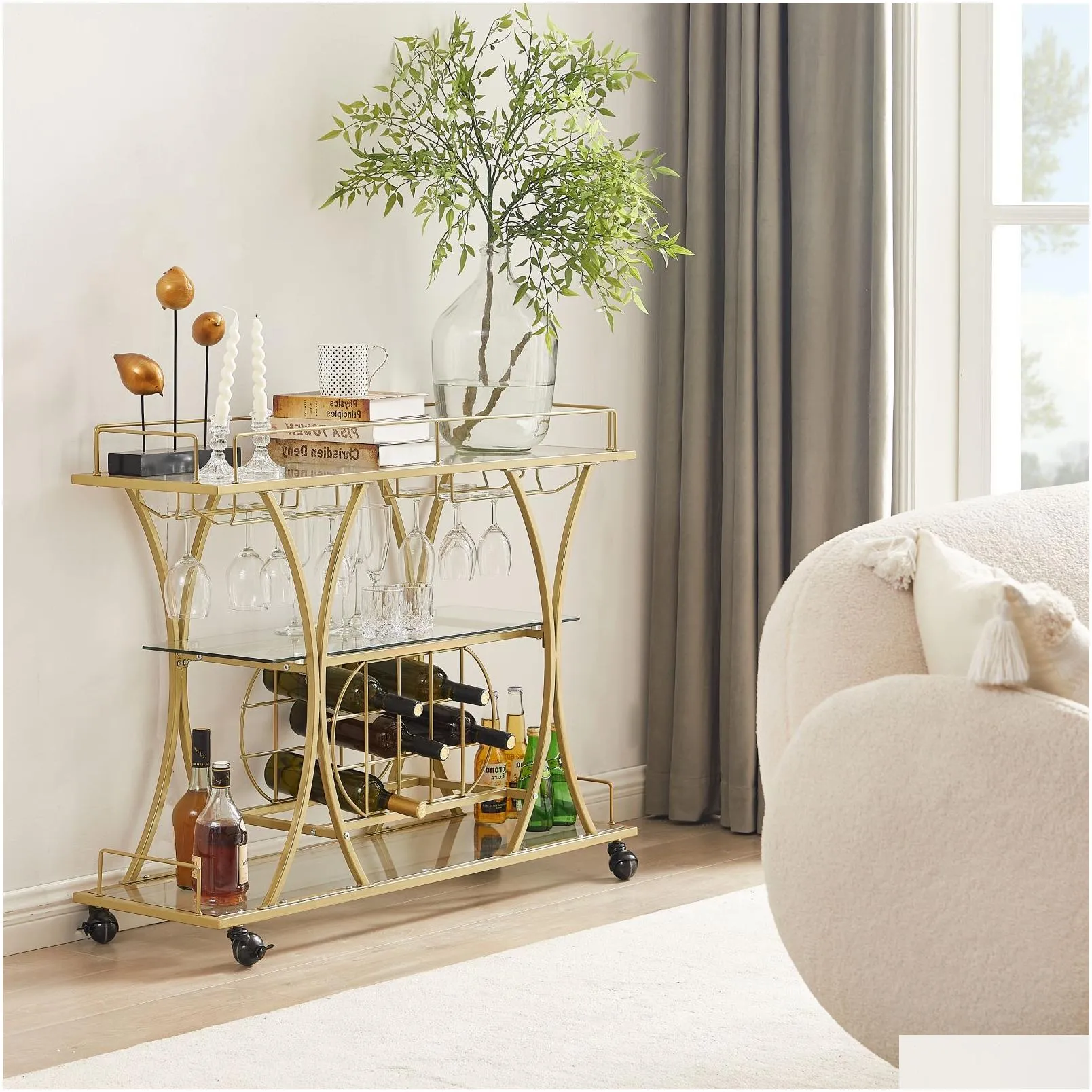 Kitchen & Dining Room Cart 3-Drawer Removable Storage Rack Trolley Cart with Rolling Wheels,Gold
