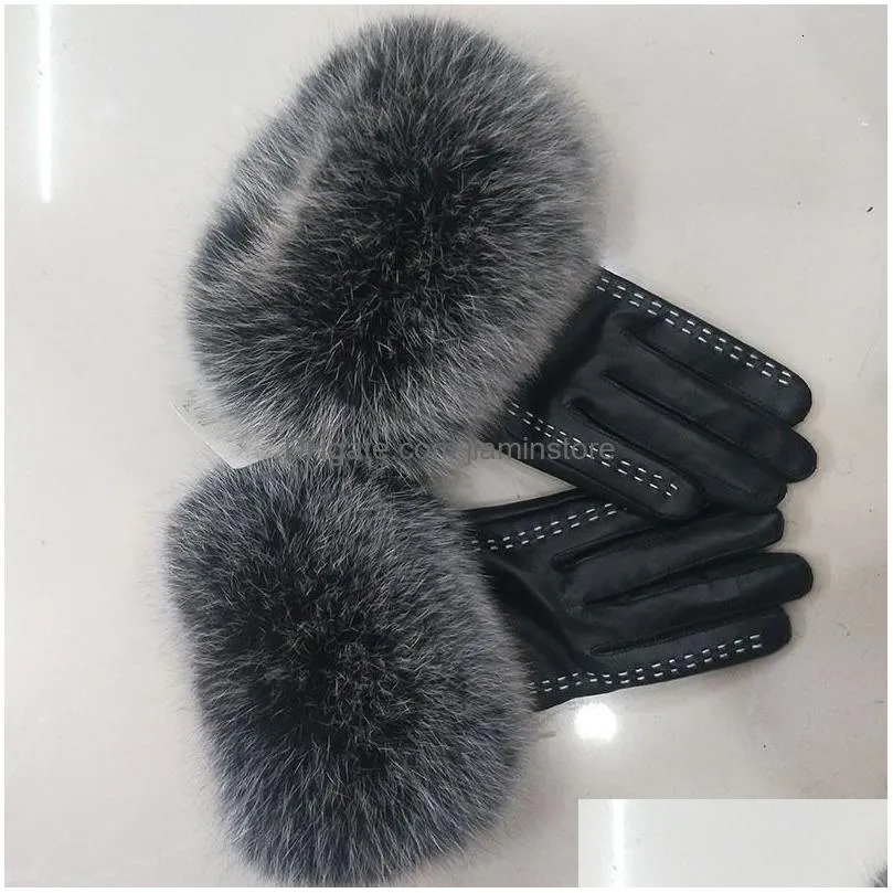 Fingerless Gloves Fingerless Gloves Female Luxury Real Leather With Fur Cuff Women Warm Winter Genuine Ladies Casual Hand Warmer 23080 Dhxu1