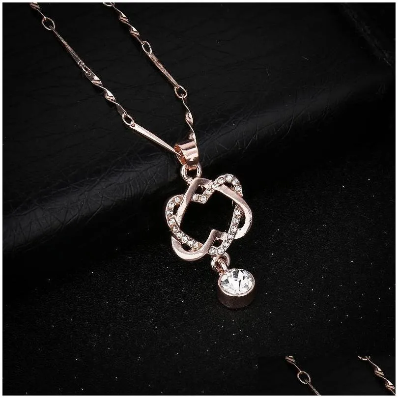 Pendant Necklaces Rhinestone Double Heart Necklaces Women Rose Gold Sier Alloy Pendant With 18Inches Chain Fashion Jewelry Drop Delive Dhffr