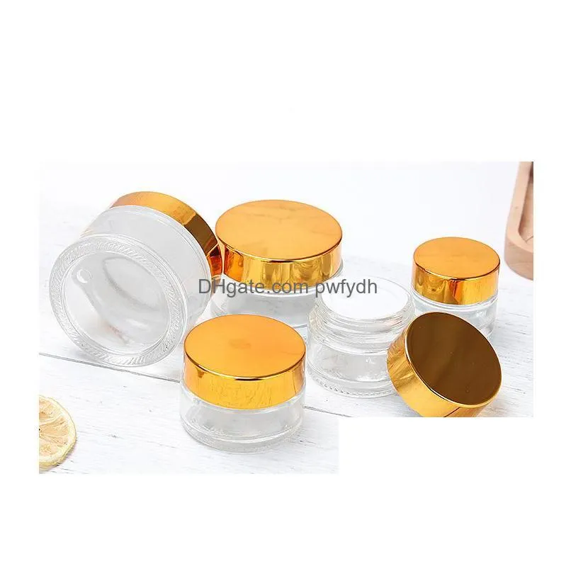 wholesale glass cream jar 10g 15g 20g 30g 50g cosmetics bulk emulsion cream bottle transparent/frost glass jar for skin care with gold lid good