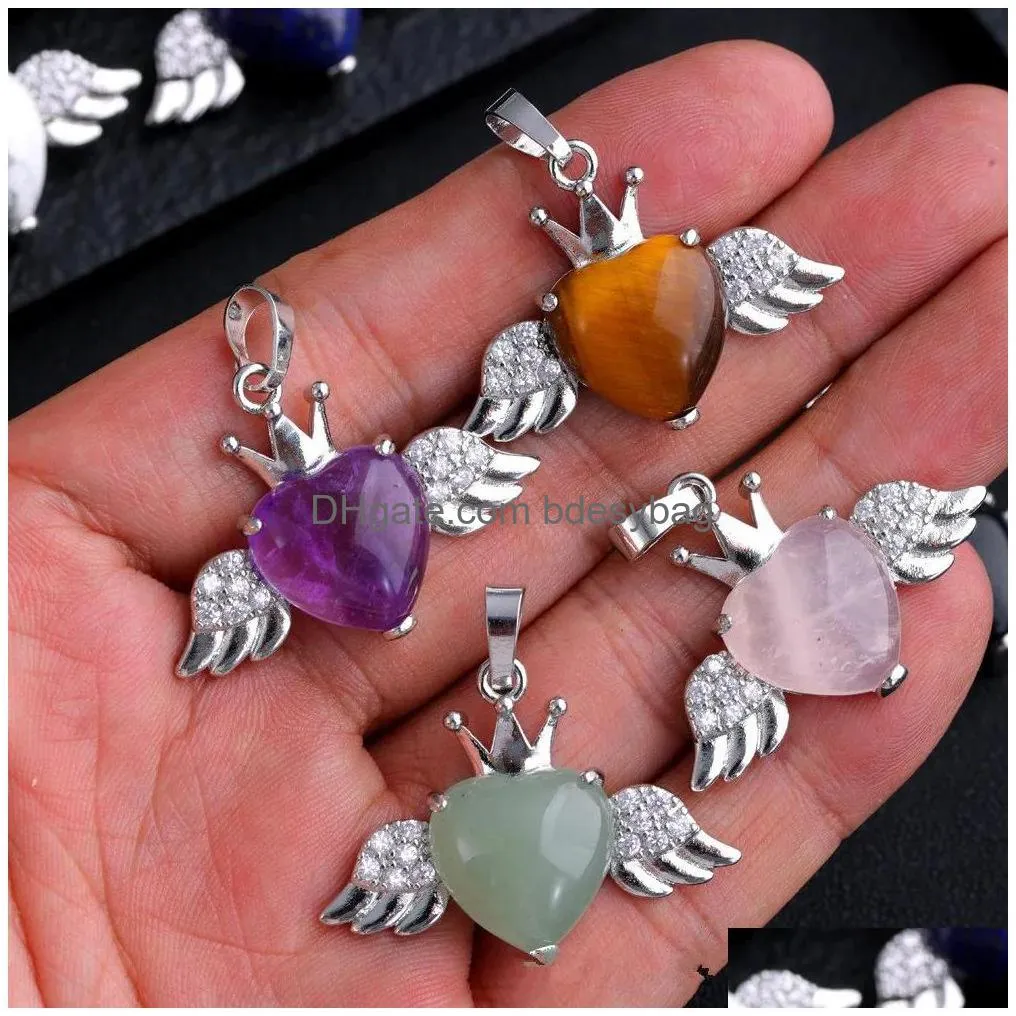 Charms Natural Stone Heart Wing Pendant For Women Rose Quartz Amethyst Tiger Eye Charms Jewelry Making Necklaces Wholesale Drop Delive Dhvfx