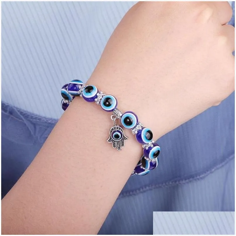Beaded Evil Eye Beaded Strand Bracelet Hand Of Fatima Turkish Lucky Blue Eyes Stretch Beads Bracelets 8Mm/10Mm Bead Jewelry Drop Deliv Dhvuz