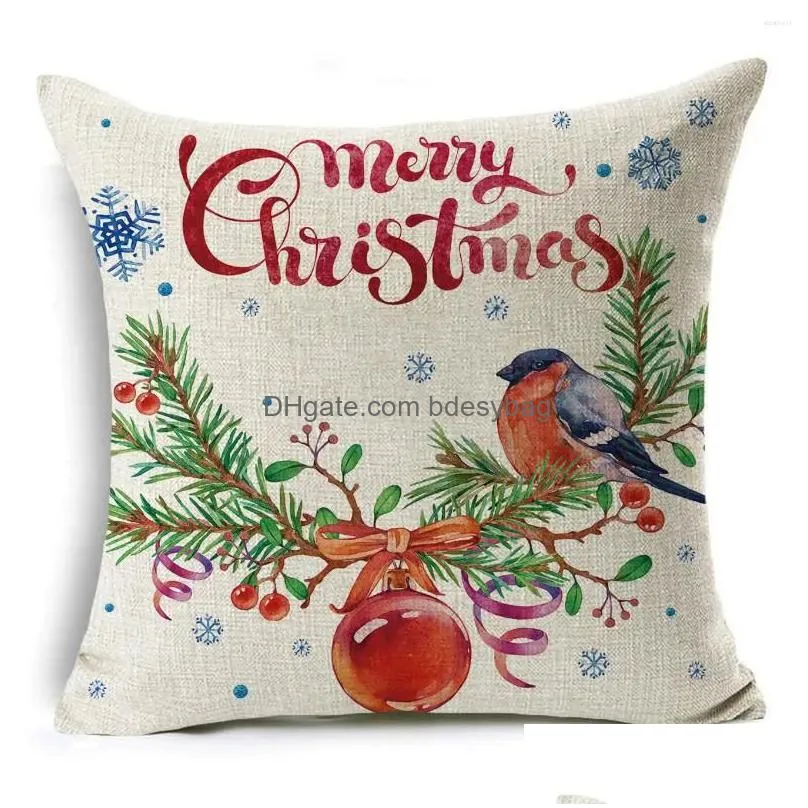 Cushion/Decorative Pillow Pillow 45 45Cm Merry Christmas Er Birds Garland Pillowcase Single Sided Print Polyester Sofa Case For Home X Dhoin