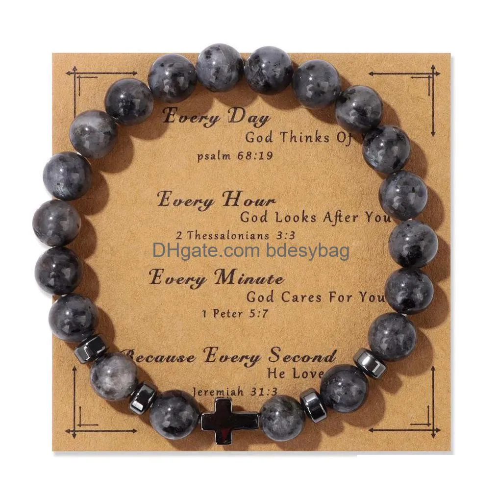 Beaded Natural Stone Tiger Eye Beads Hematite Cross Bracelet Mes Card Kraft Paper Jewelry Nce Reiki Buddha Prayer Yoga For Drop Delive Dhwkz