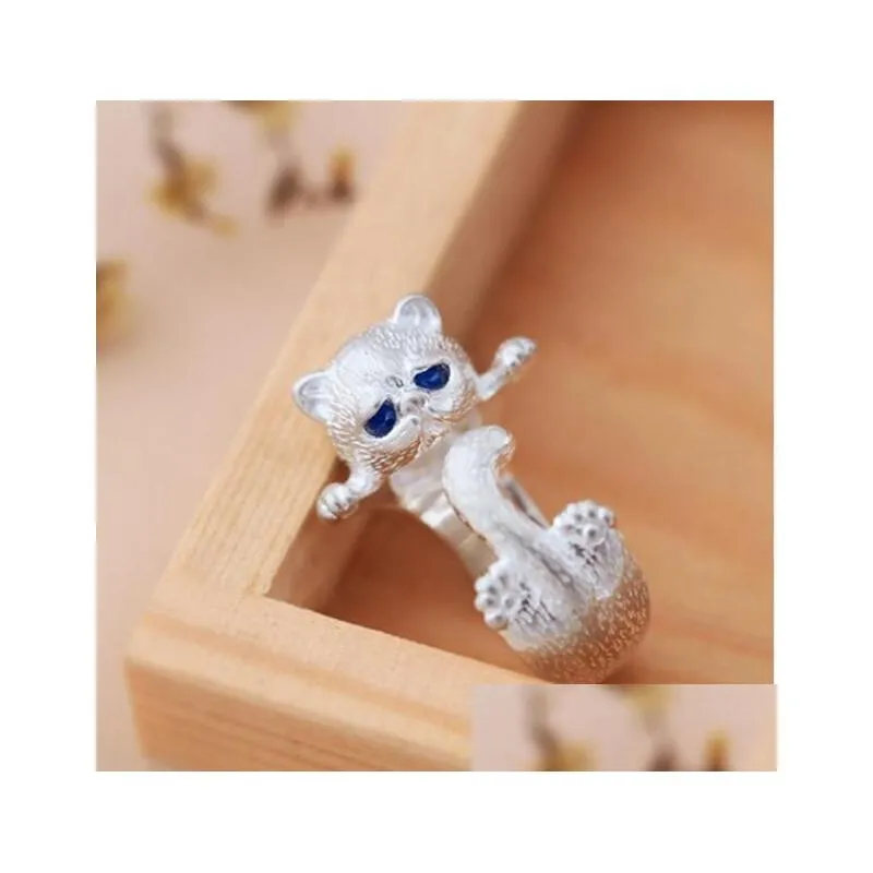 fashion lovely silver plated cute cat rings for women animal cat eyes open ring vintage jewelry g894