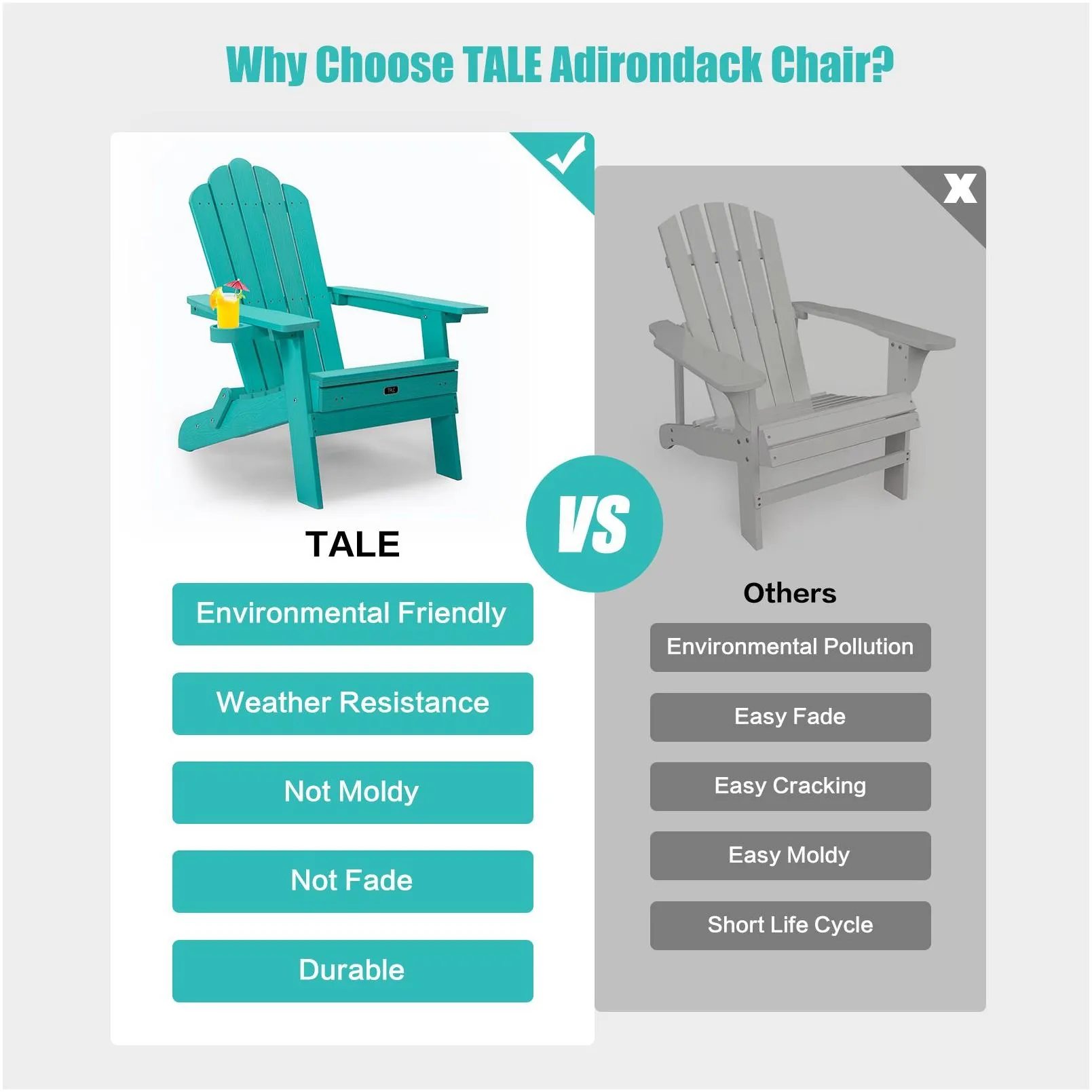 TALE Folding Adirondack Sleeper Chairs with Pullout Ottoman with Cup Holder Oversized, Poly Lumber, for Patio Deck Garden, Backyard