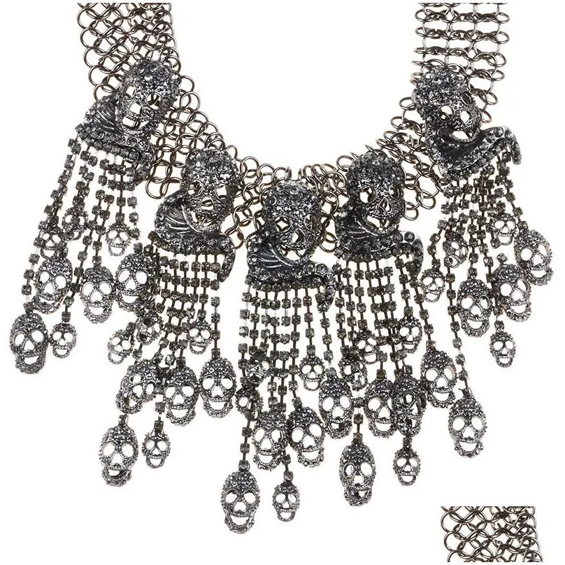 luxury crystal rhinestone skull tassel choker necklace women maxi chunky chains fringe statement large collar necklaces pendants