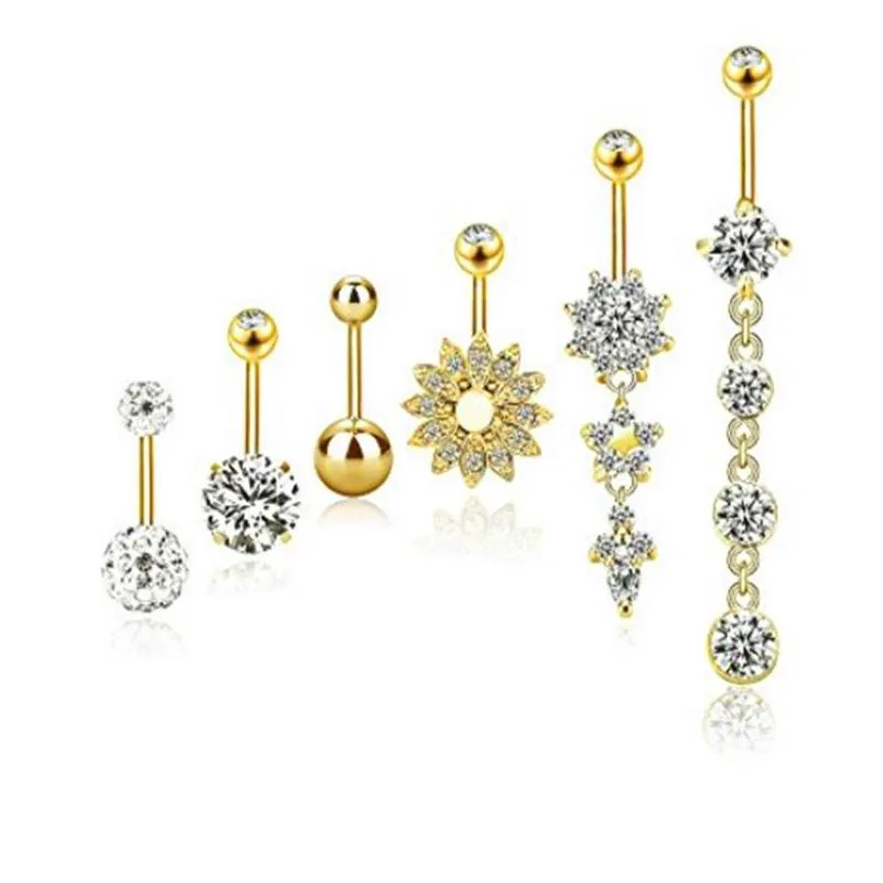 Navel & Bell Button Rings Crystal Zircon Bell Button Rings 316L Surgical Steel Barbell Navel Ring Body Piercing Jewelry Sets Drop Deli Dha3H