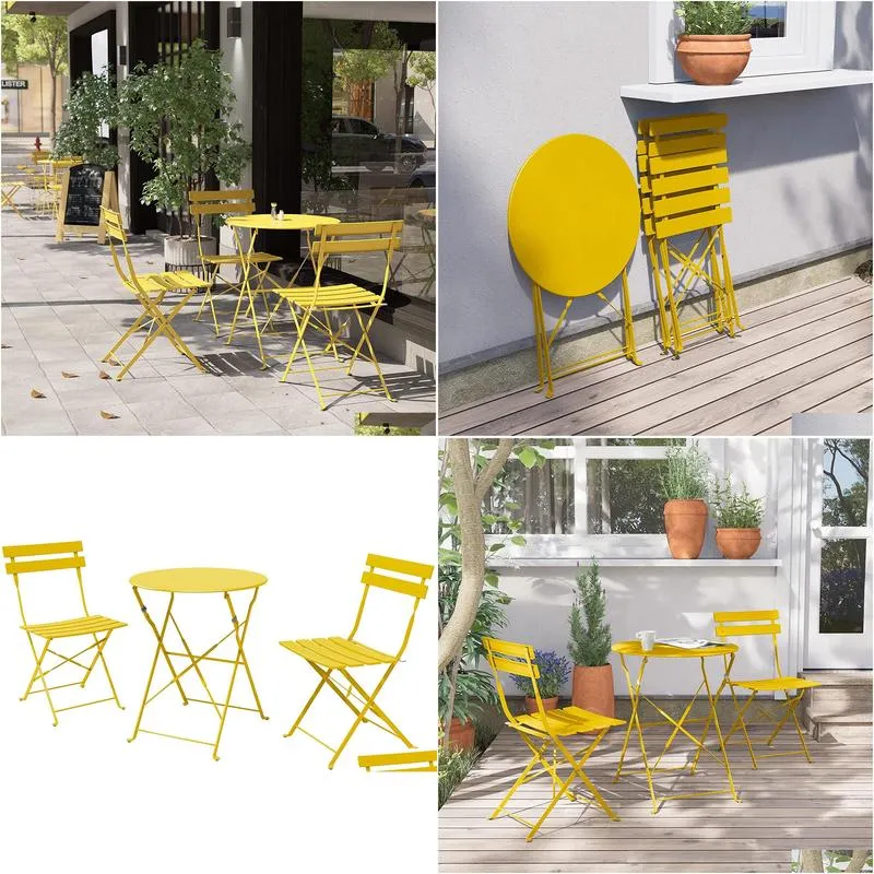 SR Steel Patio Bistro Set, Folding Outdoor Patio Furniture Sets, 3 Piece Patio Set of Foldable Patio Table and Chairs,mango yellow