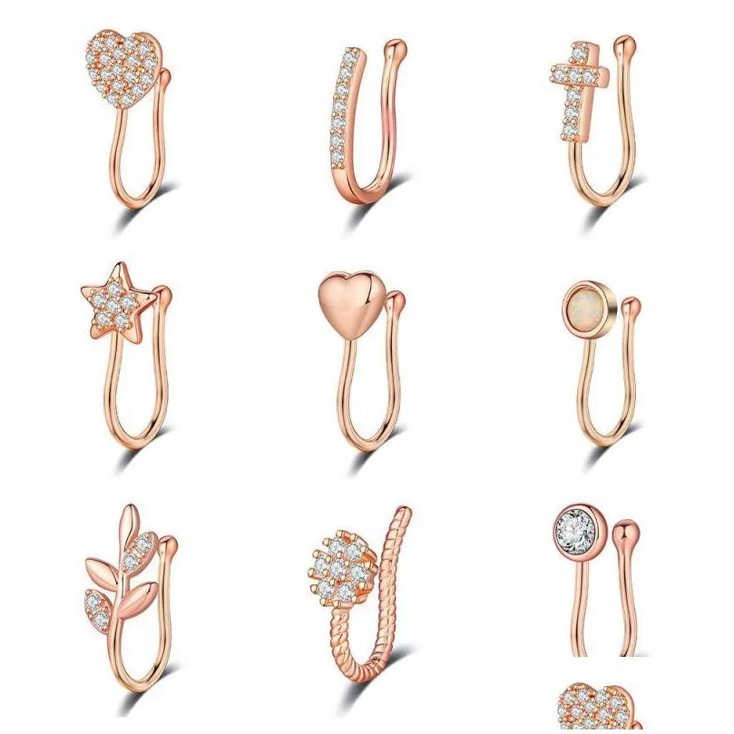 Nose Rings & Studs Zircon Heart Cross Septum Nose Rings For Women Girls Faux Clip Ring Non-Pierced Body Jewelry Drop Delivery Jewelry Dh9Ts