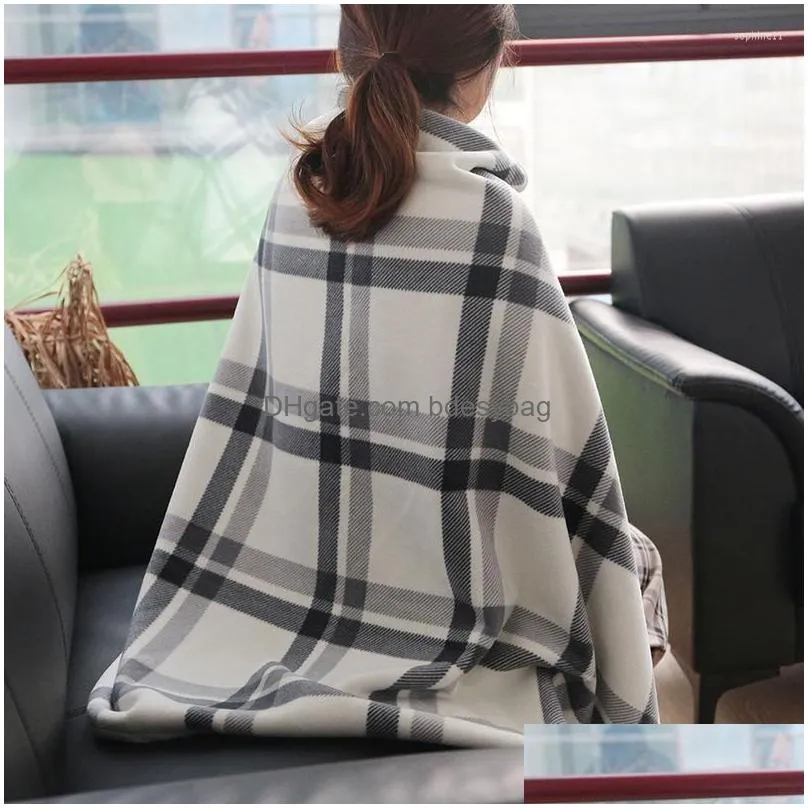 Blankets Blankets Wearable Plaid Fleece Blanket With Button Polyester Winter Warm On Sofa Bed Travel Thicken Bedroom Kid Adt Drop Deli Dhfip