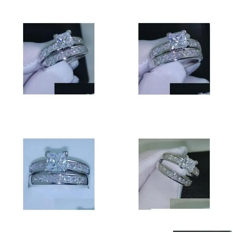 Band Rings Luxury Size 5/6/7/8/9/10 Jewelry 10Kt White Gold Filled Topaz Princess Cut Simated Diamond Wedding Ring Set Gift With Box D