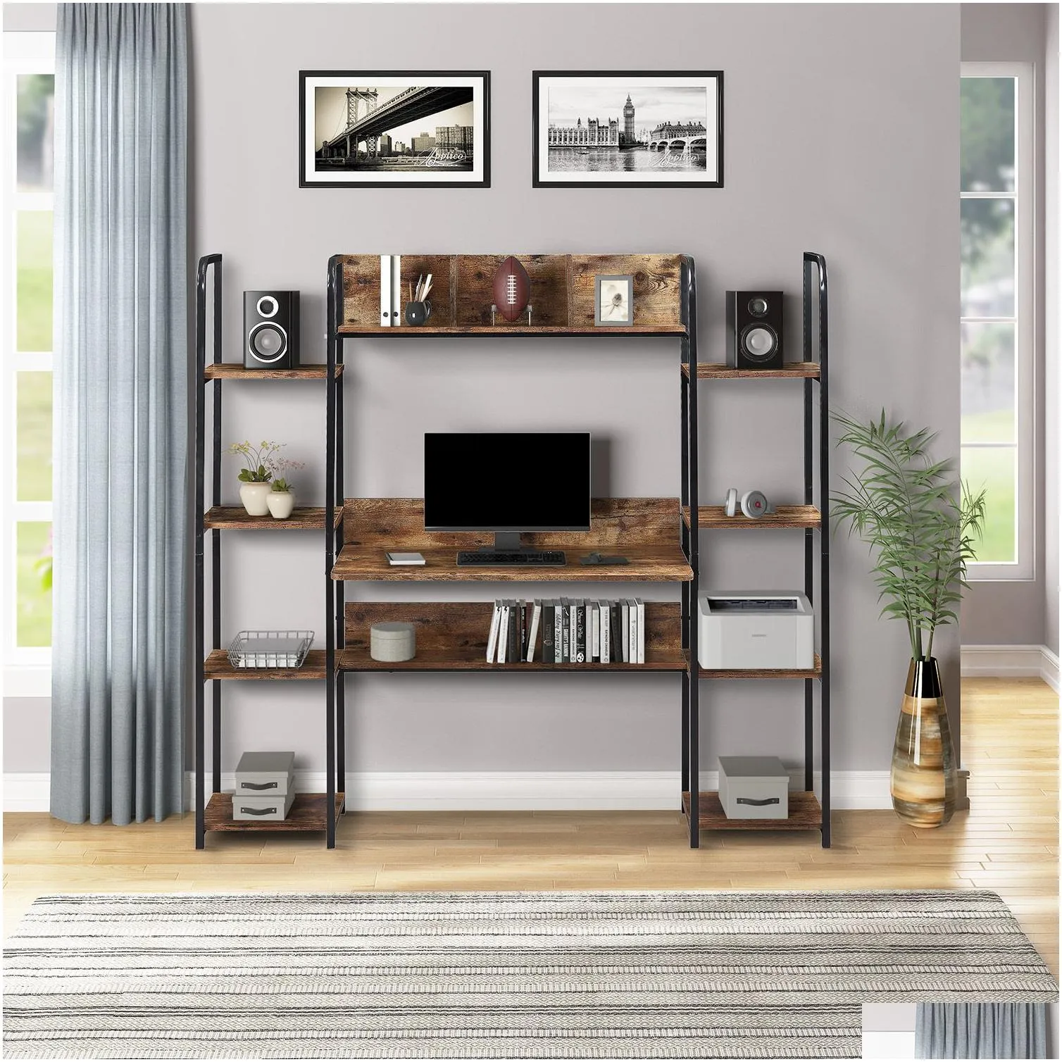 Multi-Functions Computer Desk Bedroom Furniture with Cabinet (Espresso) Modern Simple Style, Black Metal Frame, Rustic Brown