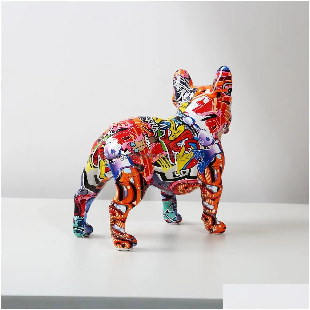 decorative objects figurines creativity modern colorful french bulldog statue wholesale graffiti office ornaments printing resin dog home decor crafts