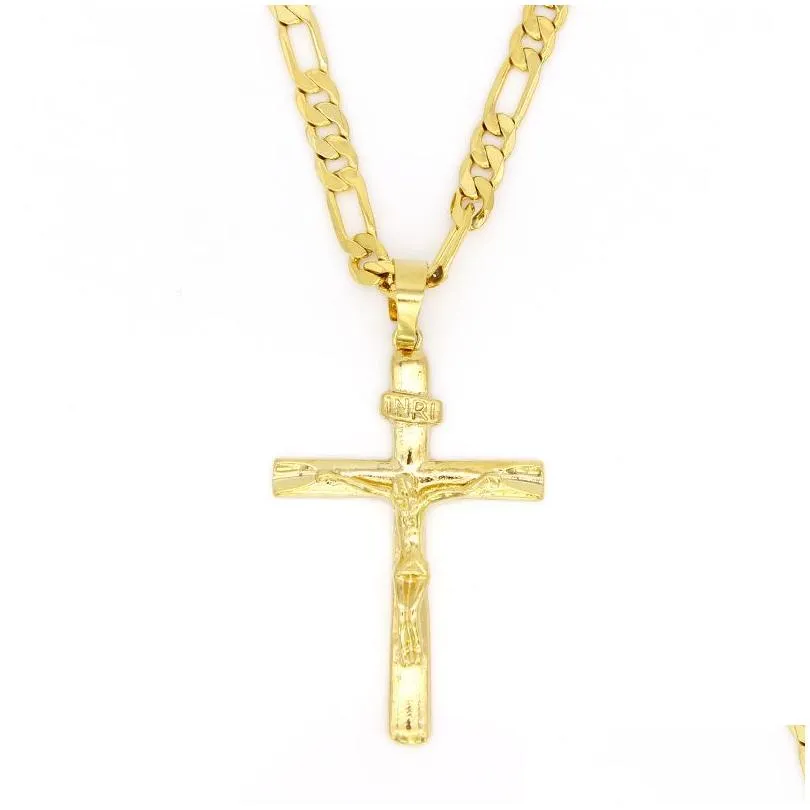 real 24k yellow solid fine big pendant 18ct thai baht g/f gold jesus cross crucifix charm 55x35mm figaro chain necklace