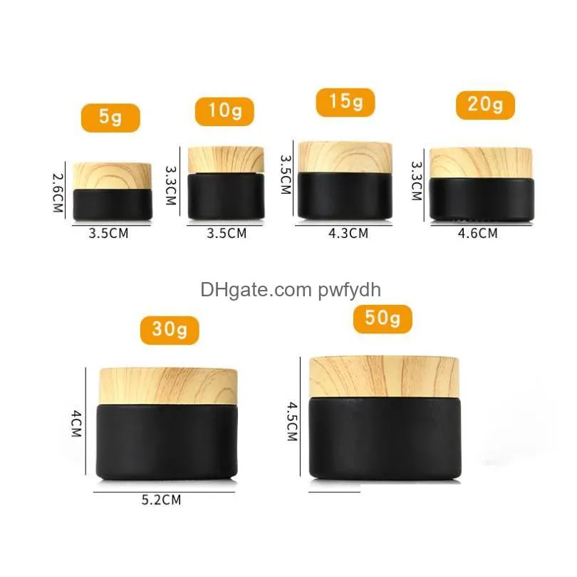 wholesale black frosted glass jars cosmetic jars with woodgrain plastic lids pp liner 5g 10g 15g 20g 30 50g lip balm cream containers