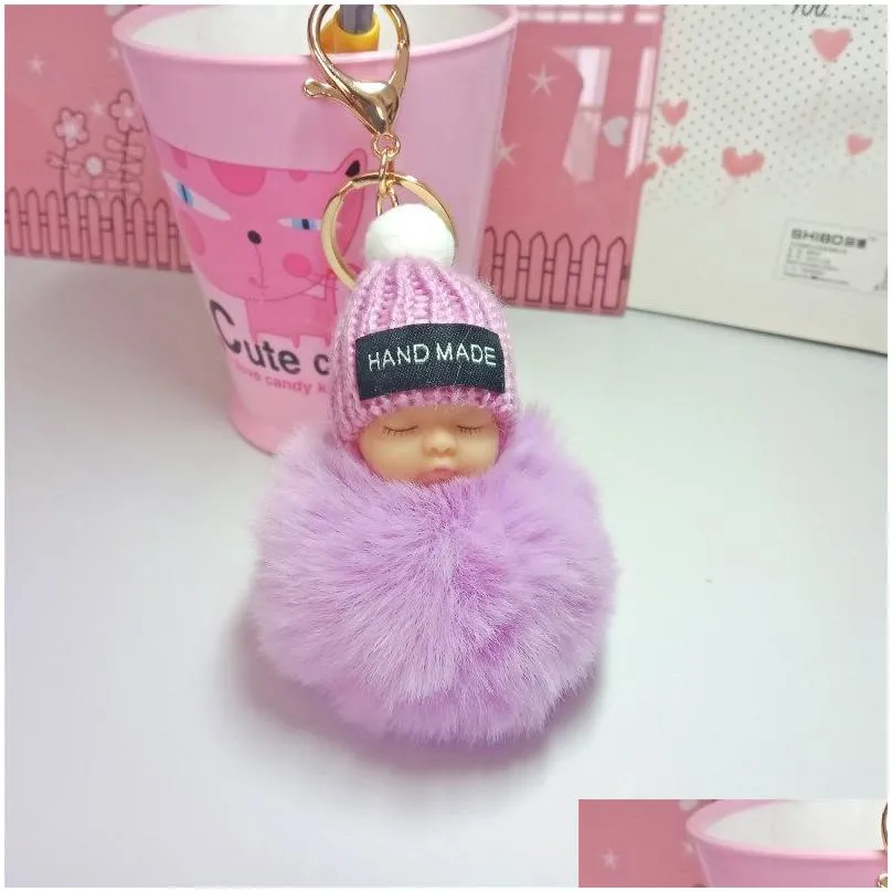 Cute Sleeping Baby Doll Keychain Pompom Rabbit Fur Ball Carabiner Key Chain Keyring Women Kids Key Holder Bag Pendant key ring kids