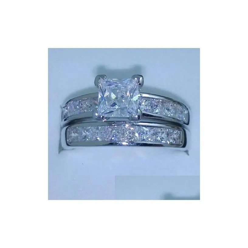 Band Rings Luxury Size 5/6/7/8/9/10 Jewelry 10Kt White Gold Filled Topaz Princess Cut Simated Diamond Wedding Ring Set Gift With Box D