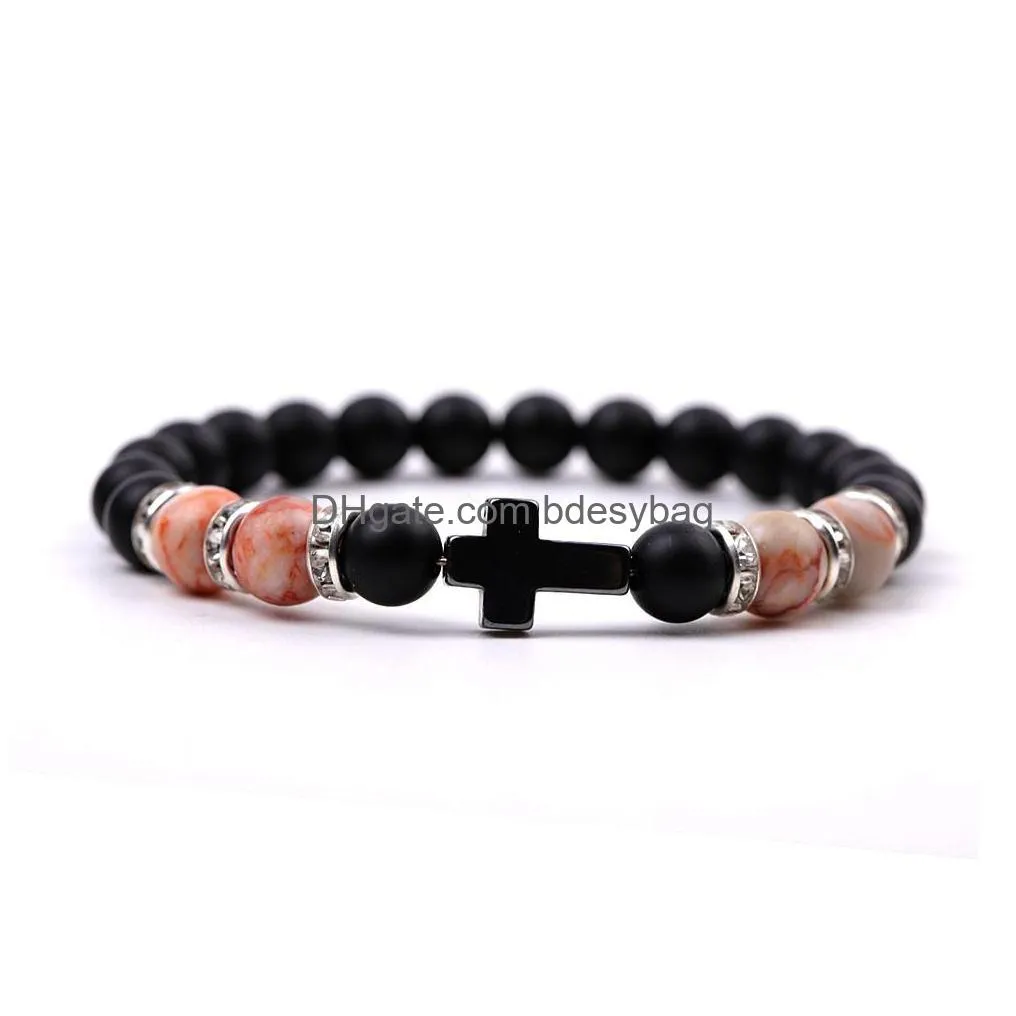 Bangle 8Mm Black Matted Beads Strand Rose Quartz Tigers Eye Cross Charms Bracelet Men Women Yoga Healing Nce Bangle Drop Delivery Jewe Dhca2