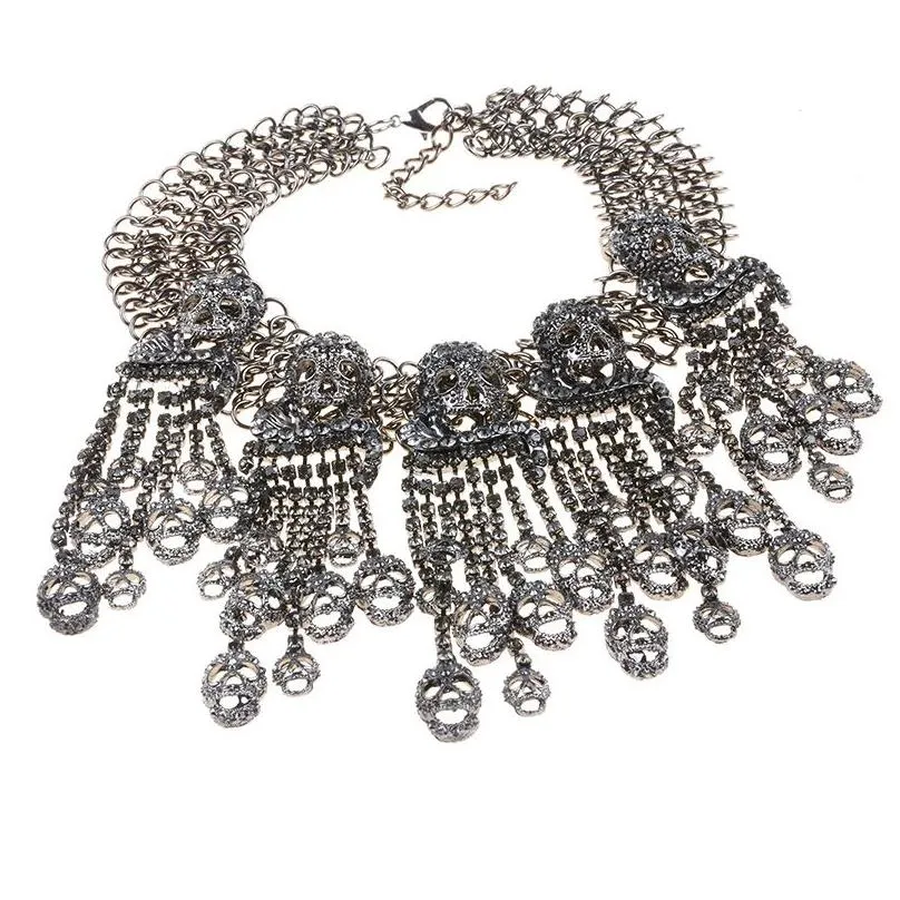 luxury crystal rhinestone skull tassel choker necklace women maxi chunky chains fringe statement large collar necklaces pendants