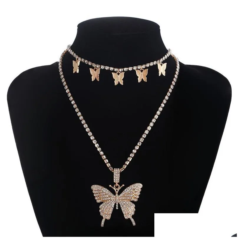 Chokers Crystal Butterfly Choker Necklace 2 Layered Rhinestone Sparkly Pendant Necklaces Chokers Jewerly Drop Delivery Jewelry Necklac Dhgp3