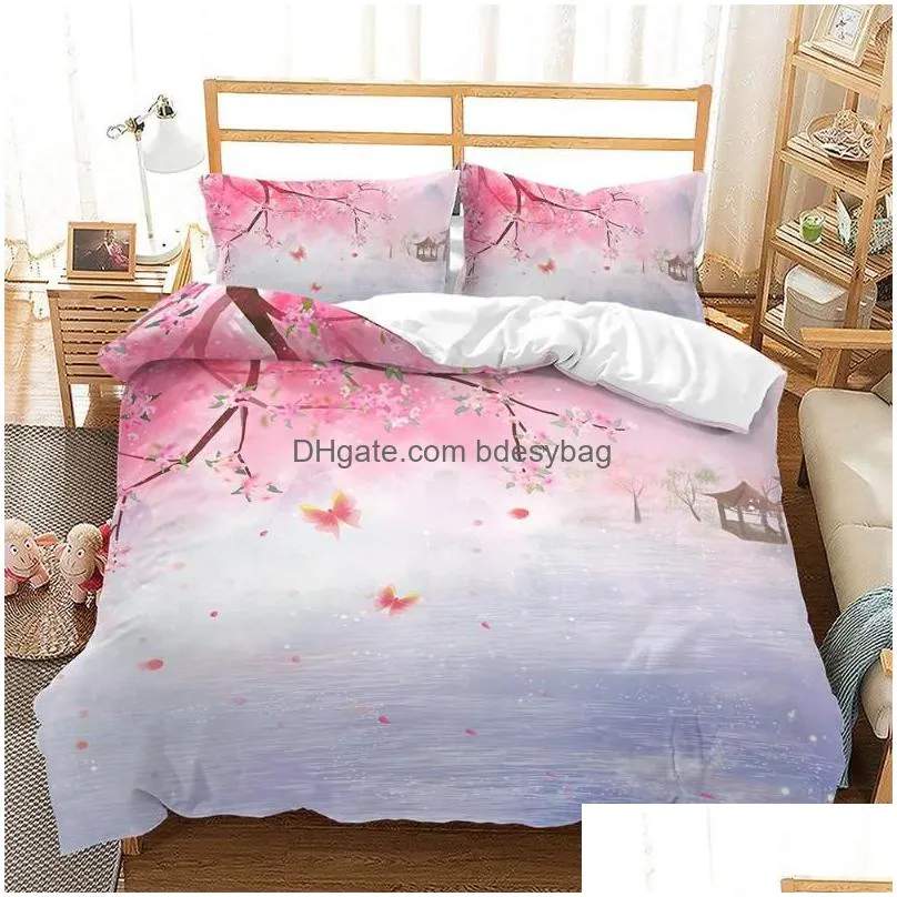 Bedding Sets Bedding Sets Pink Floral Duvet Er Japanese Cherry Blossoms Theme Set Spring Romantic Quilt For Girl Microfiber Bedspread Dhg9J