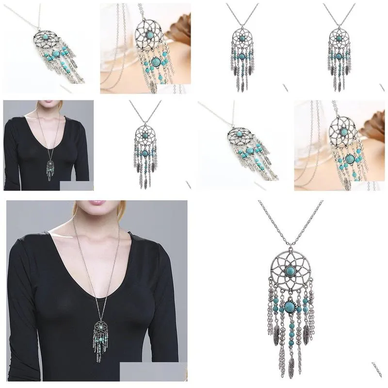 Pendant Necklaces Dreamcatcher Necklaces Dream Catcher Turquoise Pendant Long Chain Necklace Bohemia Jewelry Drop Delivery Jewelry Nec Dhor3