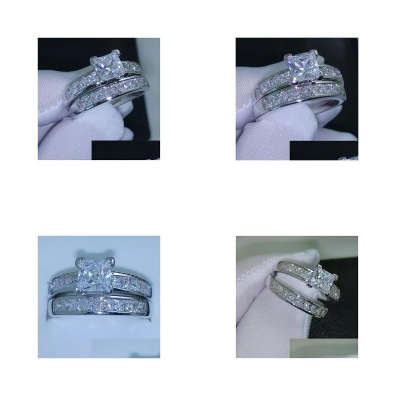 luxury size 5/6/7/8/9/10 jewelry 10kt white gold filled topaz princess cut simulated diamond wedding ring set gift with box