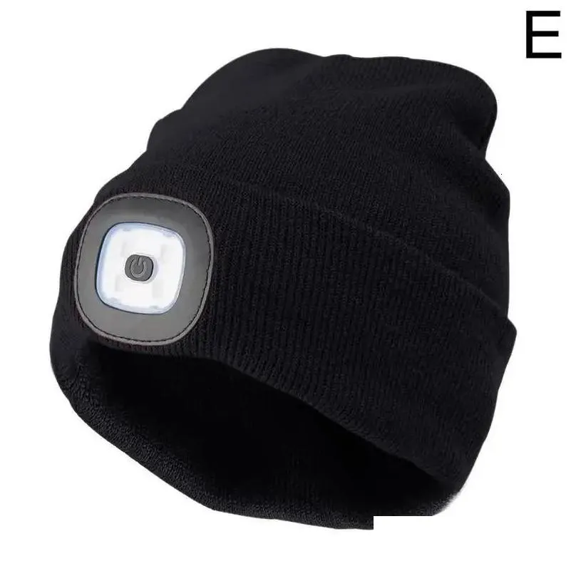 Beanie/Skull Caps Beanie Skl Caps Led With Light Uni Usb Rechargeable 4 Headlamp Hat Knitted Flashlight Men Cap Gift Lighted Winter Ni Otozg